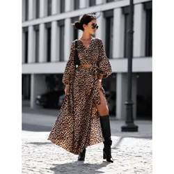 Black Printed Long Skirt Set Ladies Fashion Autumn Leopard Print Ladies Long Sleeved V-neck Lace Up Waist Leakage Sexy Set Dress