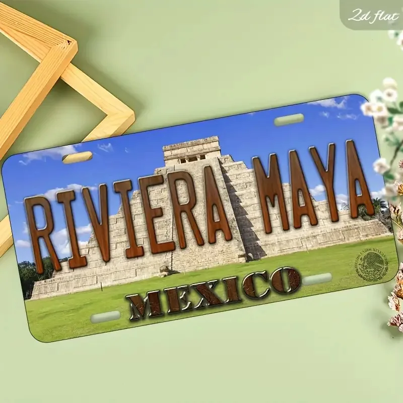 HD Aluminum Print, Vintage Riviera Maya Mexico Chichen Itza Pyramid Retro License Plate Style Wall Art, High Definition Bend-Res