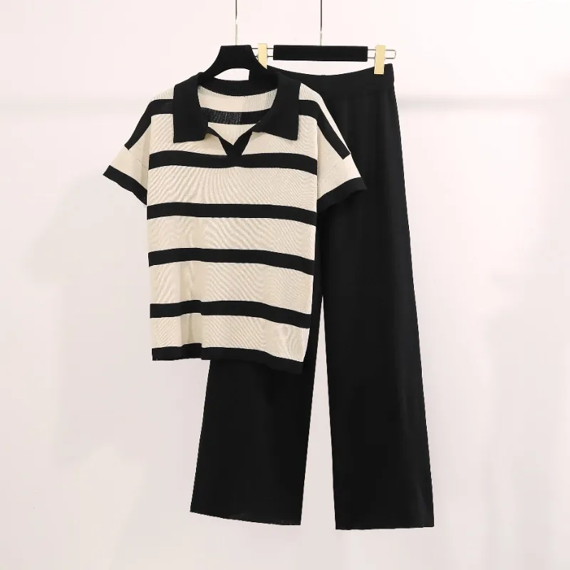 New Summer Knitted Striped 2 piece sets women outfit Casual Polo Collar Short Sleeve Pullover Sweater Top + Wide Leg Pants Sets