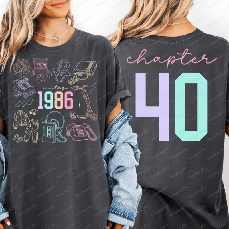 

1986 40th Birthday T-Shirt Vintage Nostalgia Design Chapter 40 Celebration Casual Crewneck Cotton Tee Forty Bday Women Tops