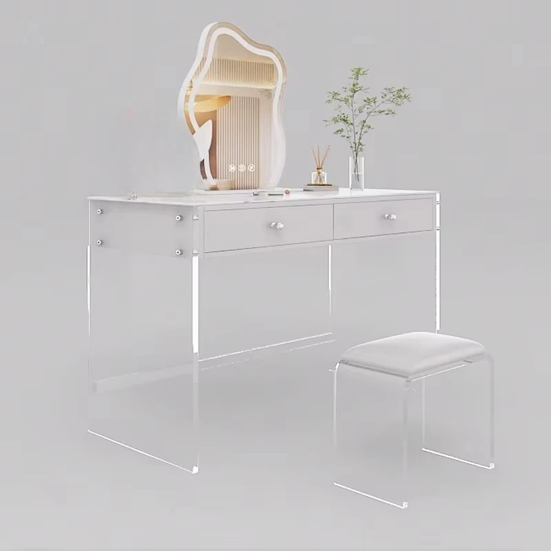 Modern White Acrylic Dressing Table Clear Standing Mirror Desk with Drawers Makeup Table for Bedroom Hotel Furniture
