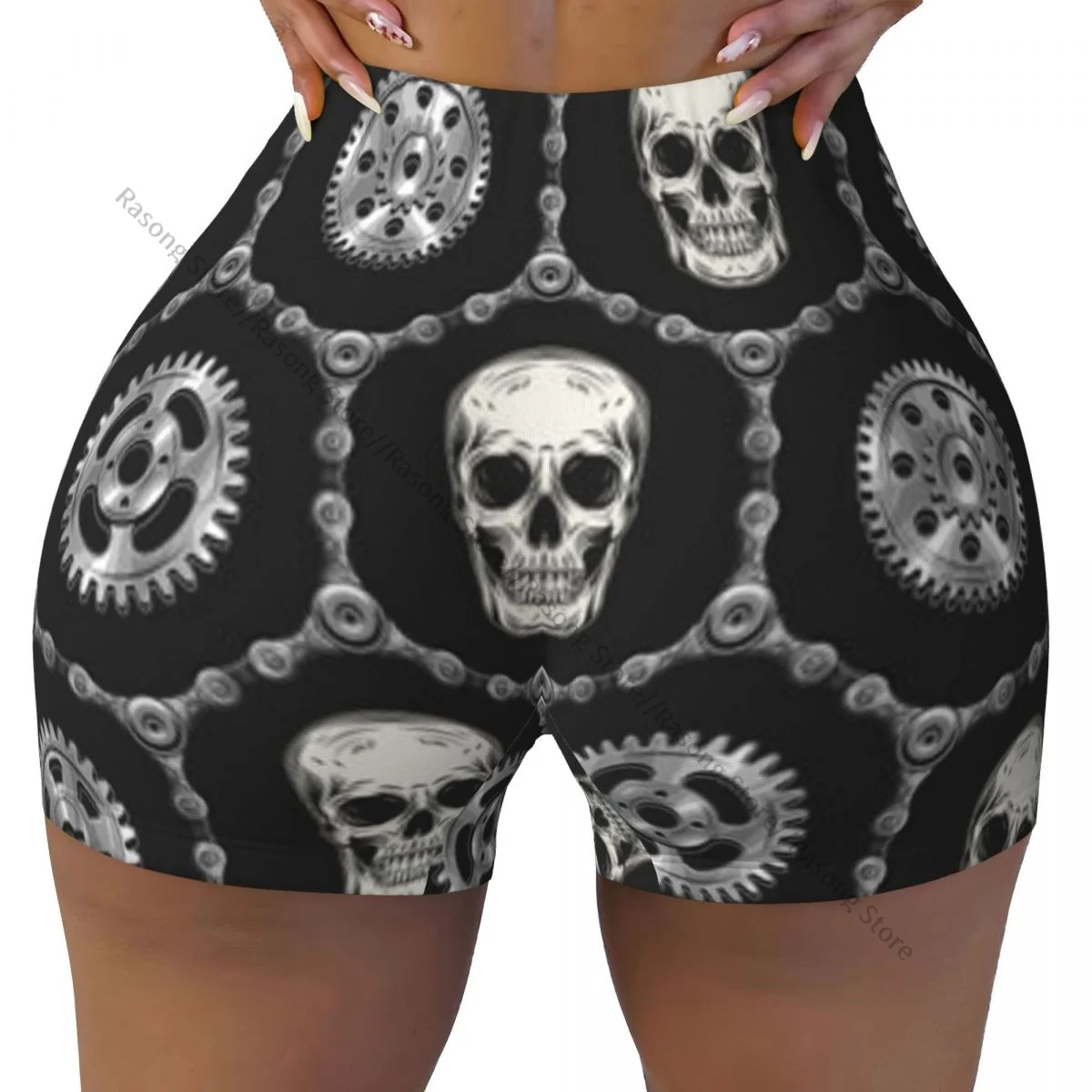 Women's Yoga Shorts Geometric Hexagonal With Skulls Bike Chains Scrunch Booty Butt Lifting Comfort Fitness Gym