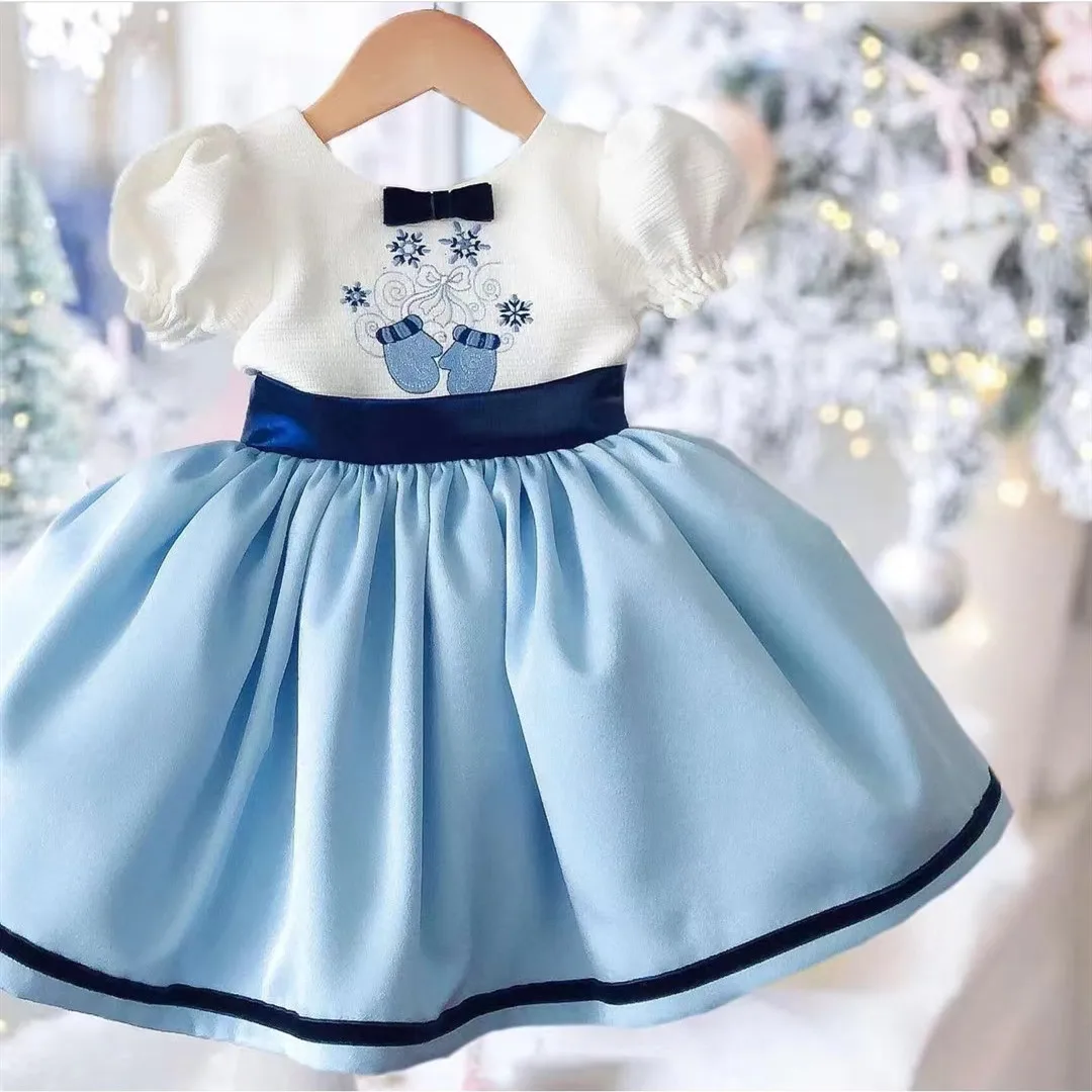 0-8Y Baby Girl Summer Blue Snow Gloves Turkish Vintage Lolita Princess Ball Gown Dress for Birthday Holiday Casual Eid