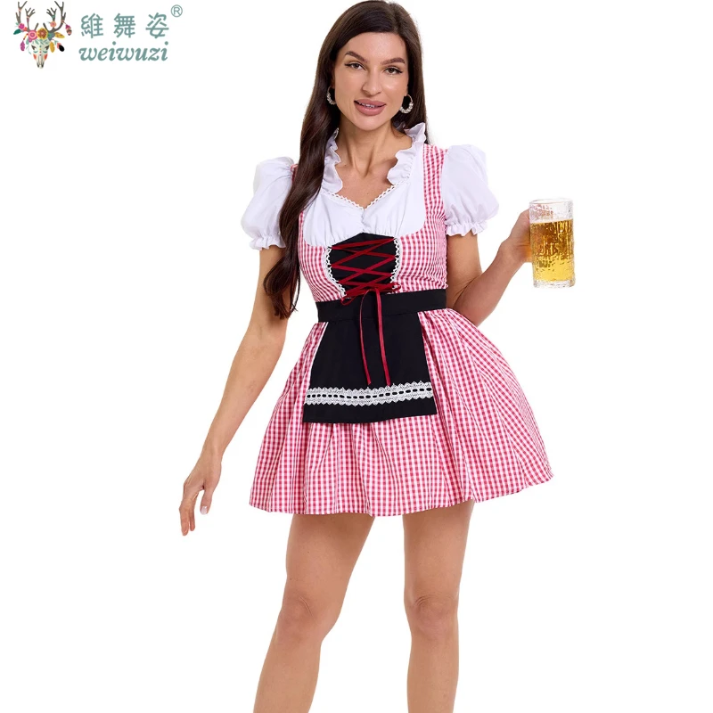 

Halloween Female Cosplay Traditional Beer Festival Maid Costume Manor Farm Girl Lace Up Ruffled Plaid Dress Maid Cosplay Costume