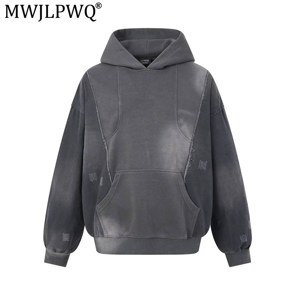 MWJLPWQ Washed Distressed Dirty Hooded Sweatshirt For Men Spring Autumn Deconstructed Patchwork Frayed Edges Loose Tops 20839