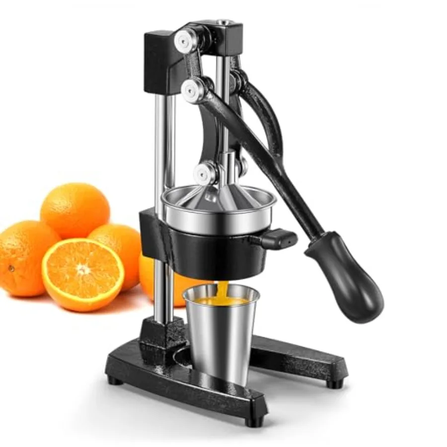 

Professional cast iron manual juicer for kitchen use, cast iron body with stainless steel strainer, black color, heavy duty and