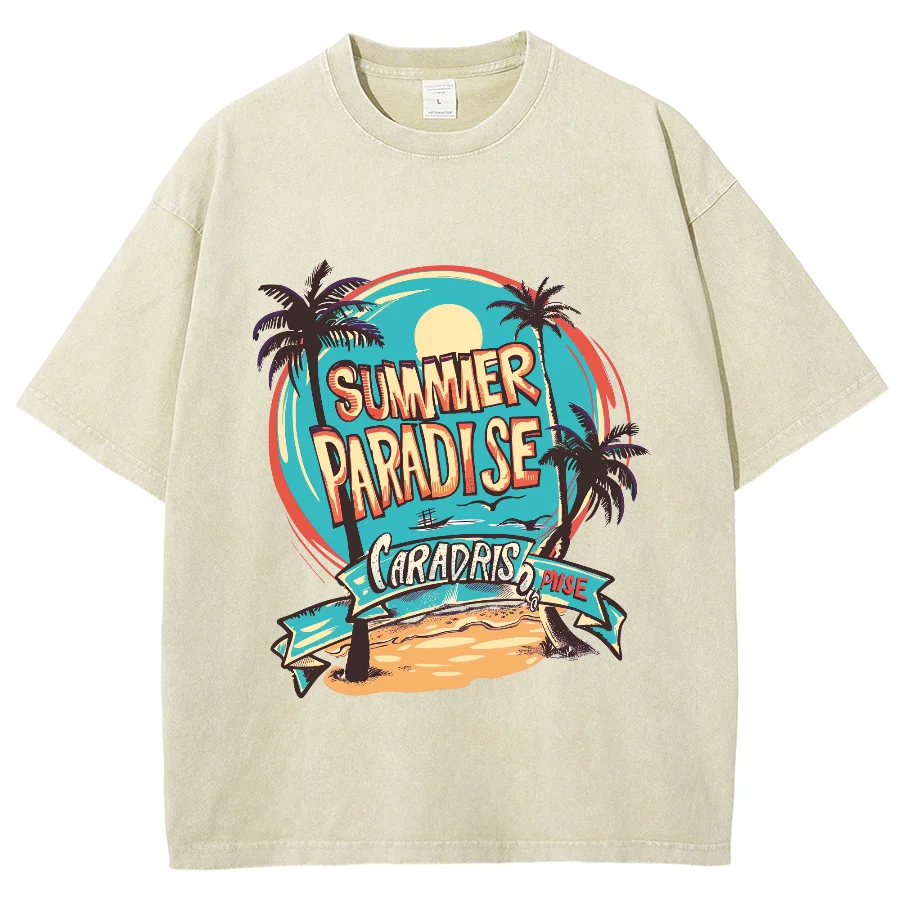 American Retro Beach Landscape Print Women's Washed T-Shirt Oversized Cotton Comfortable Short Sleeve Student Casual Street Top