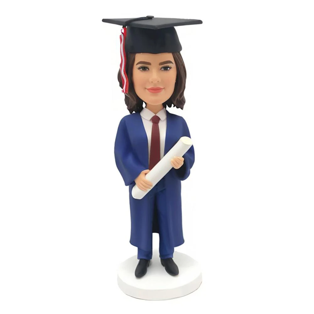 

Custom Graduation Bobblehead, Academic Gown with Diploma, Blue Cap and Gown, Based on Your Photo