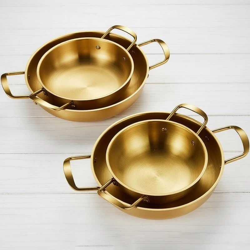 Double Ear Stainless Steel Cookware Saucepan Dry Pots With Handle Home Cooking Paella Pan Seafood Rice Pot Picnic Snack Plates