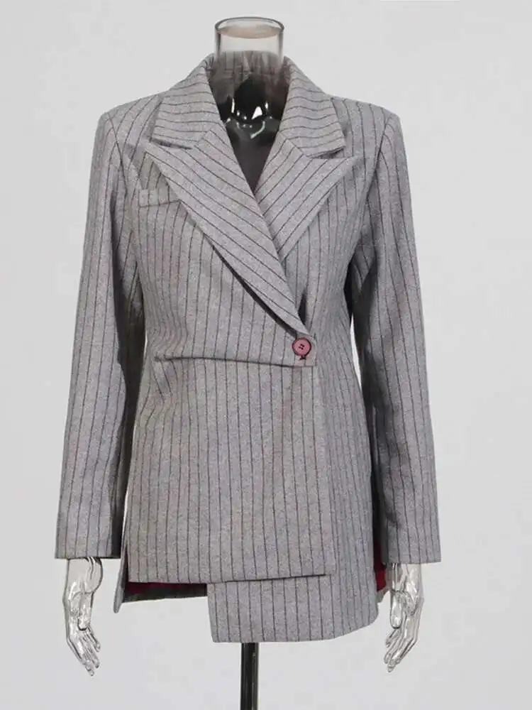 BJTZ All-in-one Simple Style Suit 2025 Spring New Irregular Design Grey Striped Suit Jacket For Women's Fashion Blazers Casual