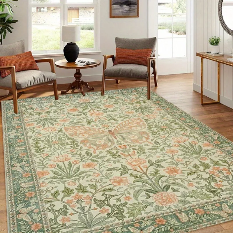 Vintage Floral Butterfly Area Rugs William Morris Style Botanical Leaf Design Sage Green Peach for Living Room Home Decor Carpet