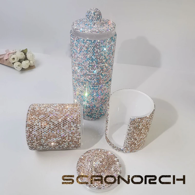 Sparkling Rhinestones Storage Box Acrylic Brush Organizer with Lid Cosmetic Bins Make Up Box Cotton Swab Storage cartridge