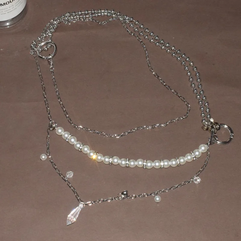 2024 New Arrival Fashion Double layer Crystal Pendant Pearl Waist Chain for Women Hip Hop rock Ins Style Suit Jewelry Accessory