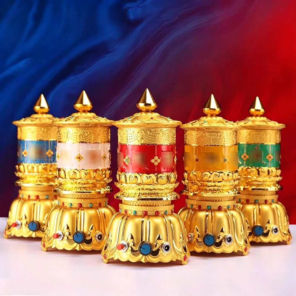 Tibetan Copper Electric Prayer Wheel, Brass Painted Plug‑in Om Mani Padme Hum Prayer Wheel, Home Prayer Blessing Decor Ornament