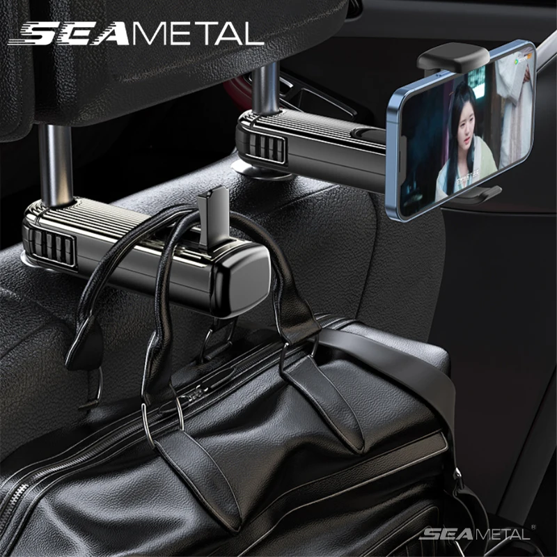 SEAMETAL 2 in 1 카시트 백 후크 (전화 홀더 포함) 안정적인 머리 받침 걸이 후크 미끄럼 방지 실리콘 패드 숨겨진 뒷줄 행거