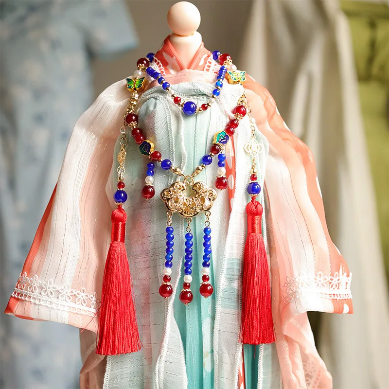 

1/6 Doll Jewellery Parts New Chinese-style Beaded Red/Blue Gemstone Necklace Green Ruyi Lock Necklace For BJD Doll Dress Up