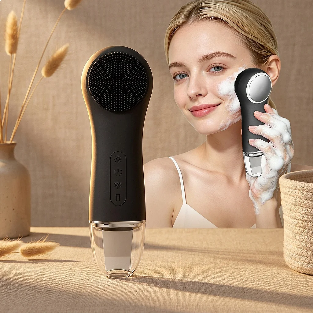 Electric Silicone Facial Cleansing Brush Warm Cold Care Face Massager Waterproof Deep Pore Cleaner for Men Women