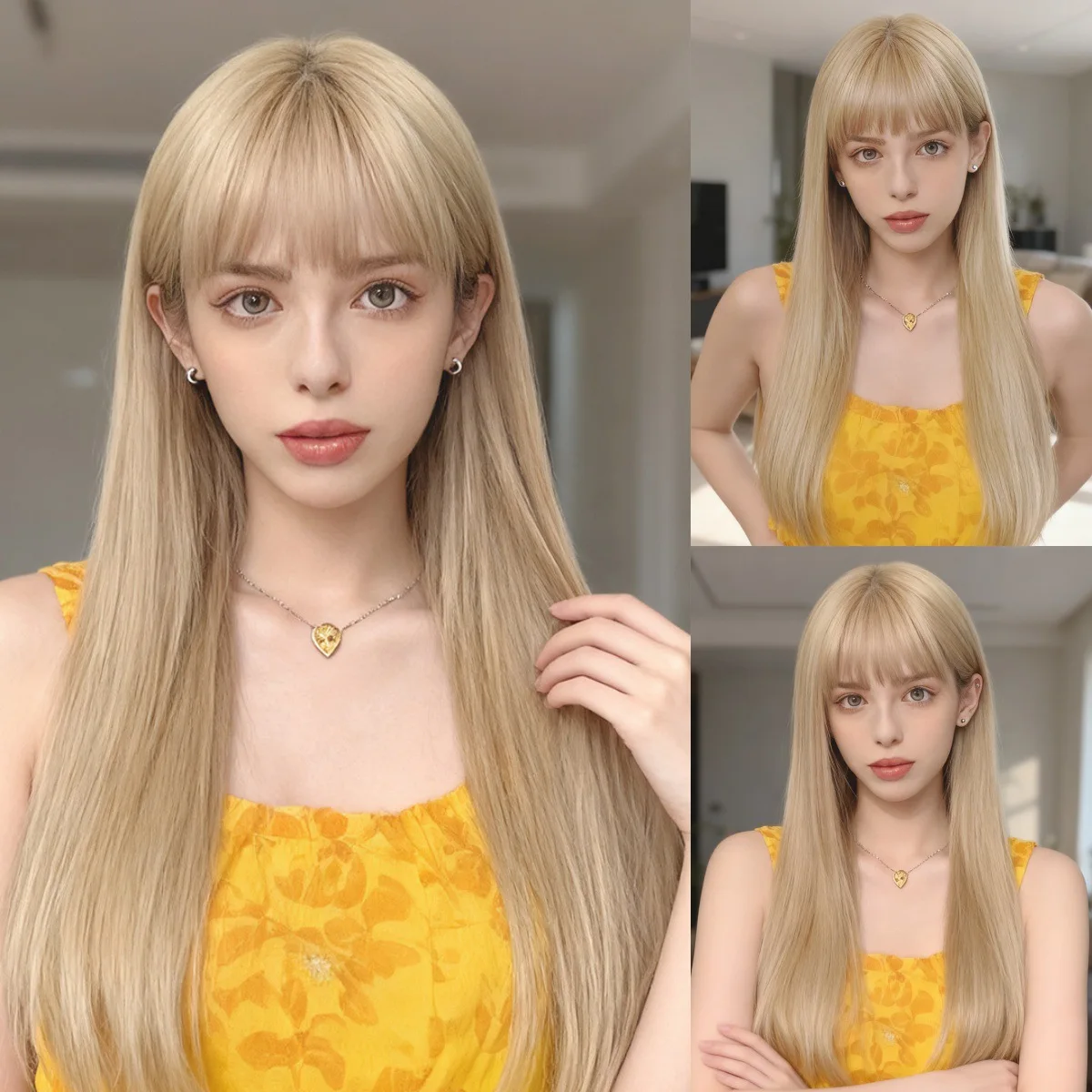 Golden best-selling straight 26-inch synthetic wig for Halloween cosplay role-playing, daily party use, hot wire wig set