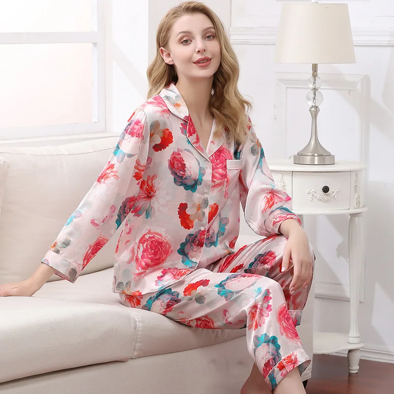 Birdtree Fall 16MM 100%Real Mulberry Silk Pajama Set Women Satin Print Pyjama Pj Suit Long Sleeve Bedroom Sleepwear Set P36637QC