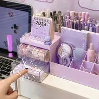 Cute Drawer Style Desk Organizer Pen Holder Storage Box for Girls Students Nine Grid Stationery Handbook Desktop Study Supplies