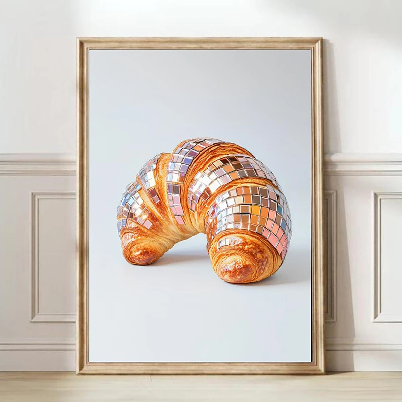 1pc frameless Canvas Painting Glitter Croissant Poster Disco Croissant Print Pop Art Bread Wall Art Picture Funky Eclectic Canva