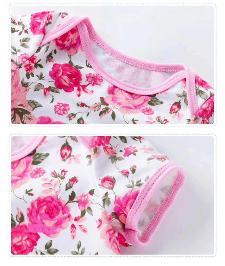 Niedliches Baby-Mädchen-Set mit Blumenmuster, kurzärmeligem Body mit Rosen- und Leopardenmuster, Blumen-Haarband und Schuhen, Neugeborenen-Outfit – Detail 3