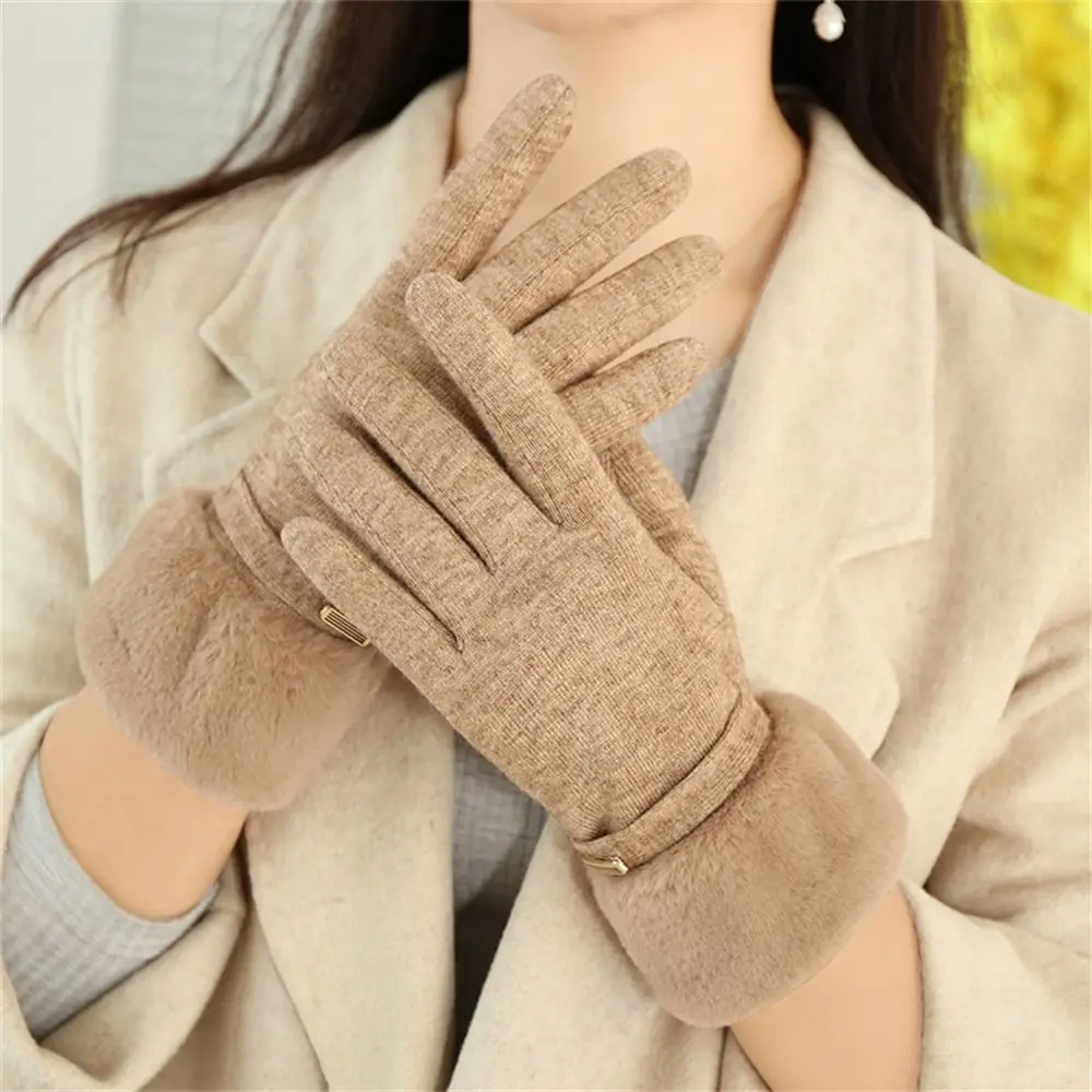 Elegant Plus Velvet Warm Gloves Thicken Plush Suede All Finger Gloves Cycling Driving Gloves for Autumn Winter