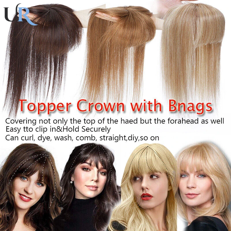 Human Hair Topper Natural Women Toppers With Bangs 100% Human Hair Wigs Straight Hair Blonde Silk Base Clips In Hairpieces