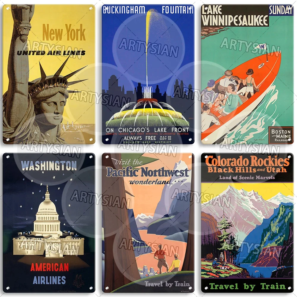 Travel Poster United States Metal Sign New York Montana Chicago Montana Shasta Route Northern Pacific Colorado Illinois Utah