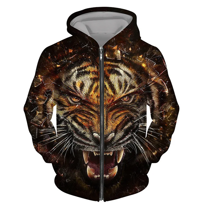 Animals Tiger 3D Printed Zipper Hoodies Men Women Hooded Sweatshirts Oversized Hoodie Kids Zip Up Sweatshirts Tracksuits Coat