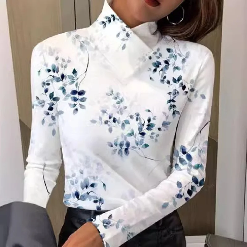 Spring Elegant Pattern Printed Tops Women's Fashion High Neck Bottom Blouse Autumn Casual Long Sleeve Commuter Shirt Streetwear