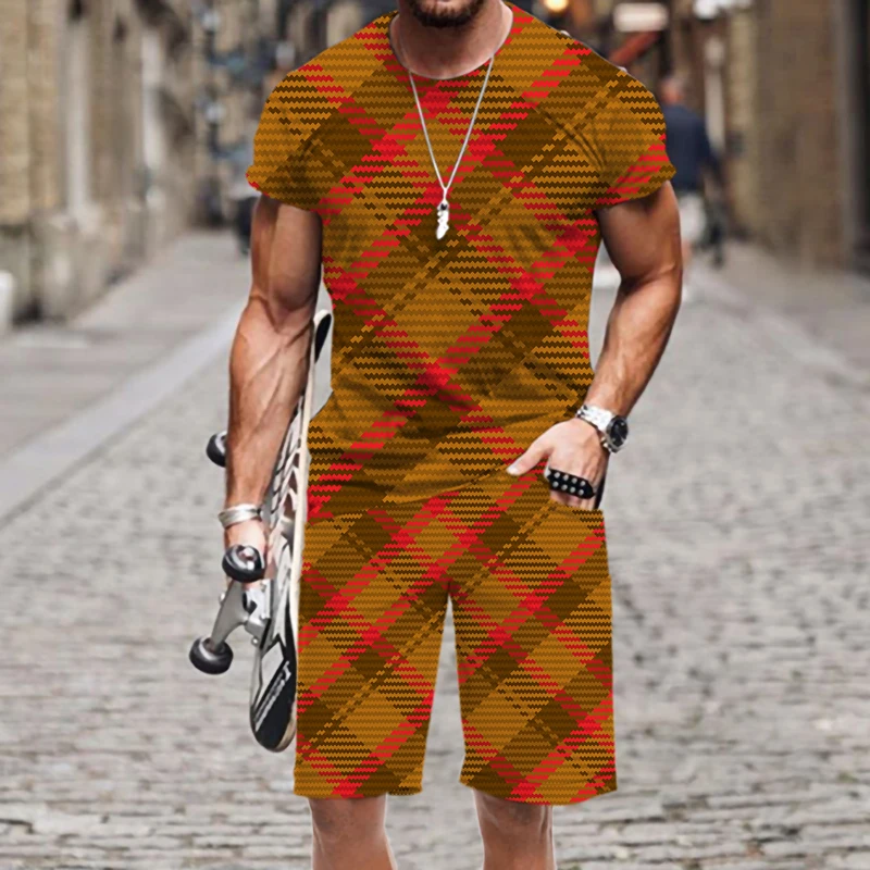 

Мужской комплект из 2 предметов в клетку и полоску, Новинка весна-осень 2022, роскошная спортивная одежда, модный пляжный мужской костюм в стиле хип-хоп с круглым вырезом