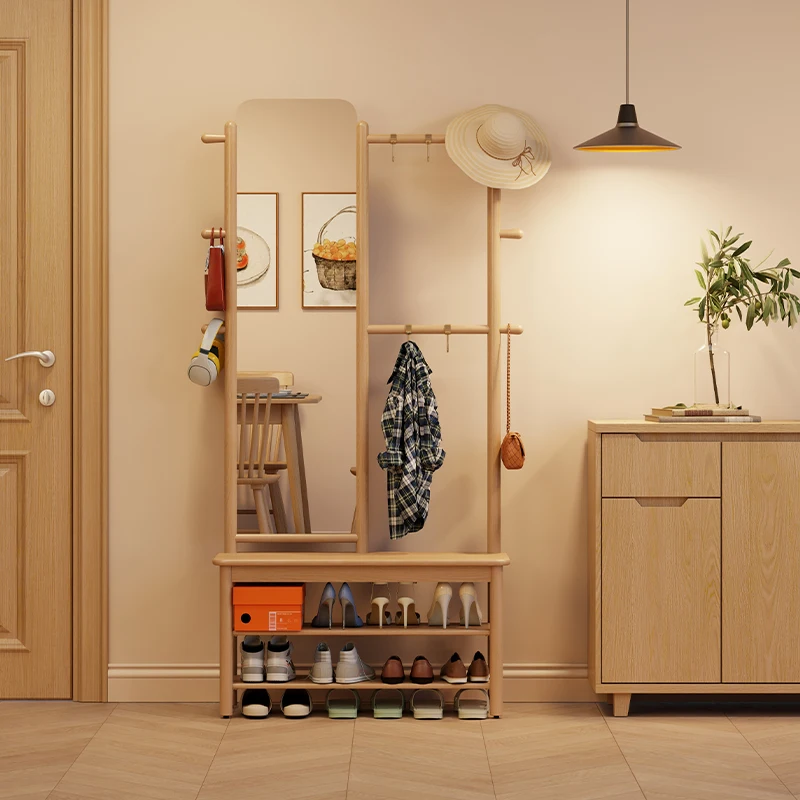 Xiyin solid wood hanger, shoe change stool with full-length mirror integrated multi-functional hanger, coat rack at the entrance