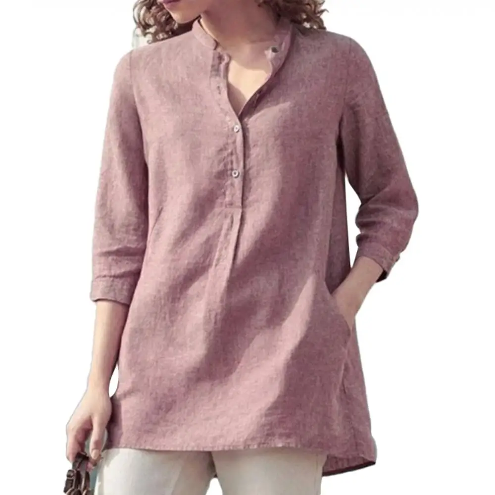 Elegant Cotton Linen Shirts Women Casual Solid Button Lapel Blouses Shirts Autumn Winter 3/4 Sleeve Loose Tops Tunic Blusas