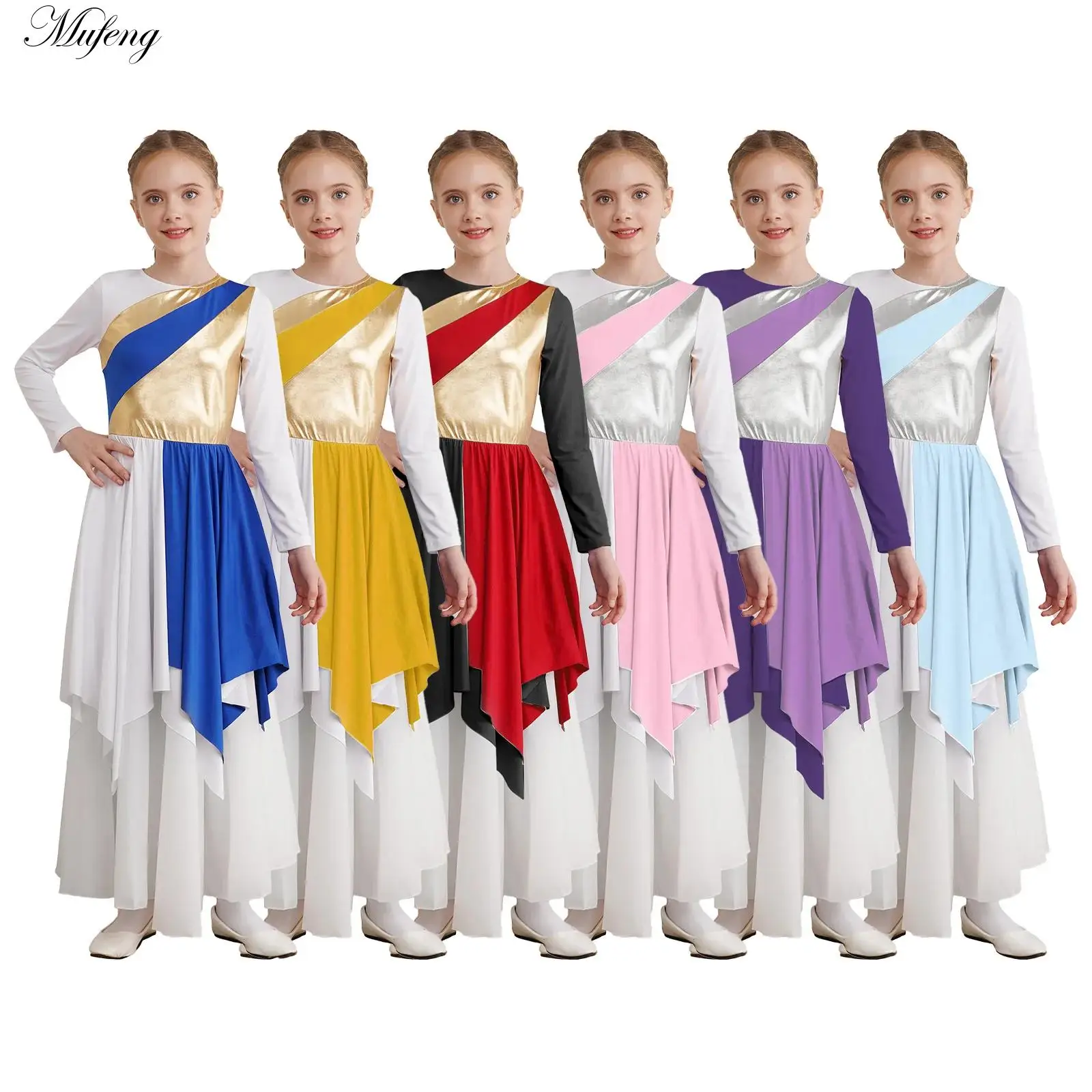 Kids Girls Worship Robe Tunic Dress Metallic Long Sleeves Christian Church Dance Praise Dress Lyrical Modern Dancewear Costume