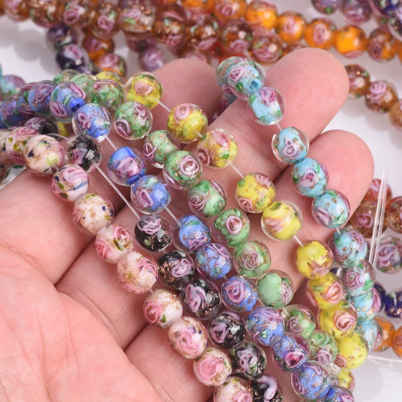 

10pcs Round Shape 8mm Golden Foil Flower Handmade Lampwork Glass Loose Beads For Jewelry Making DIY Bracelet Findings
