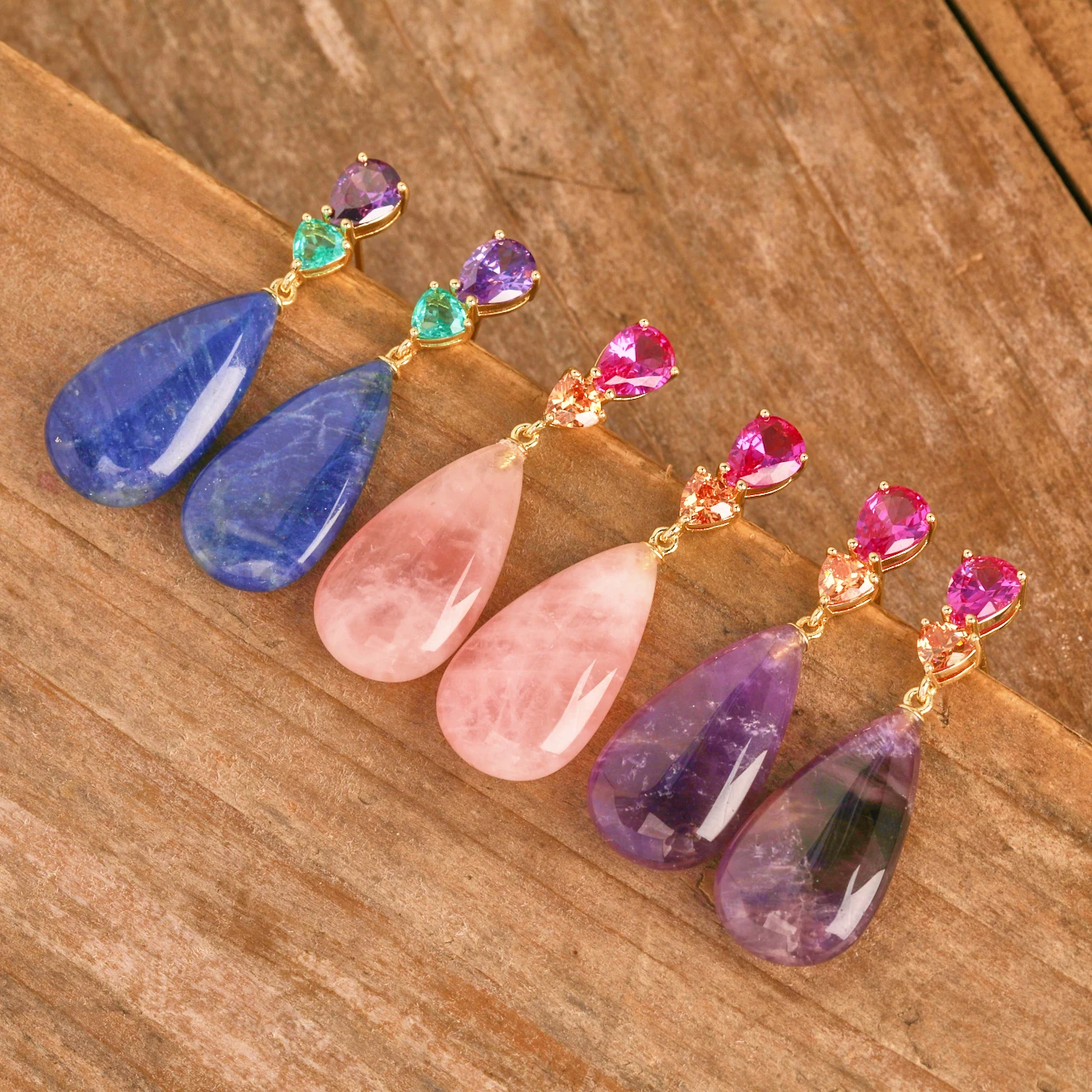 Classic Luxury Beauty Natural Gemstone Rose Quartz Amethyst Blue Sodalite Pendant Earrings Gold Plated with Zircon Inlay