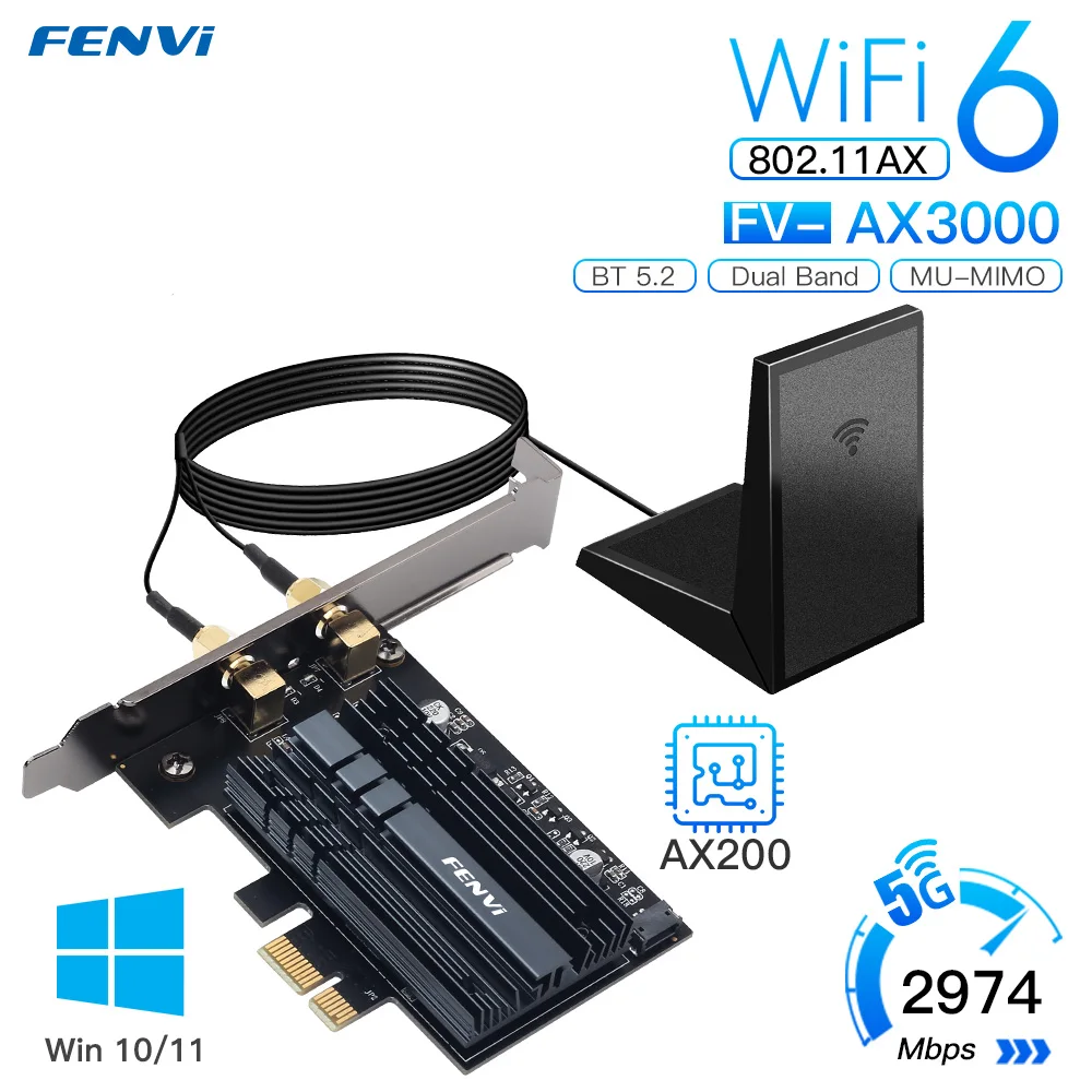 fenvi Dual Band for Intel AX200 WiFi 6 Pci-e Adapter AX200NGW Network Wireless Card Bluetooth 5.2 Wifi6 3000Mbps for Win 10  11