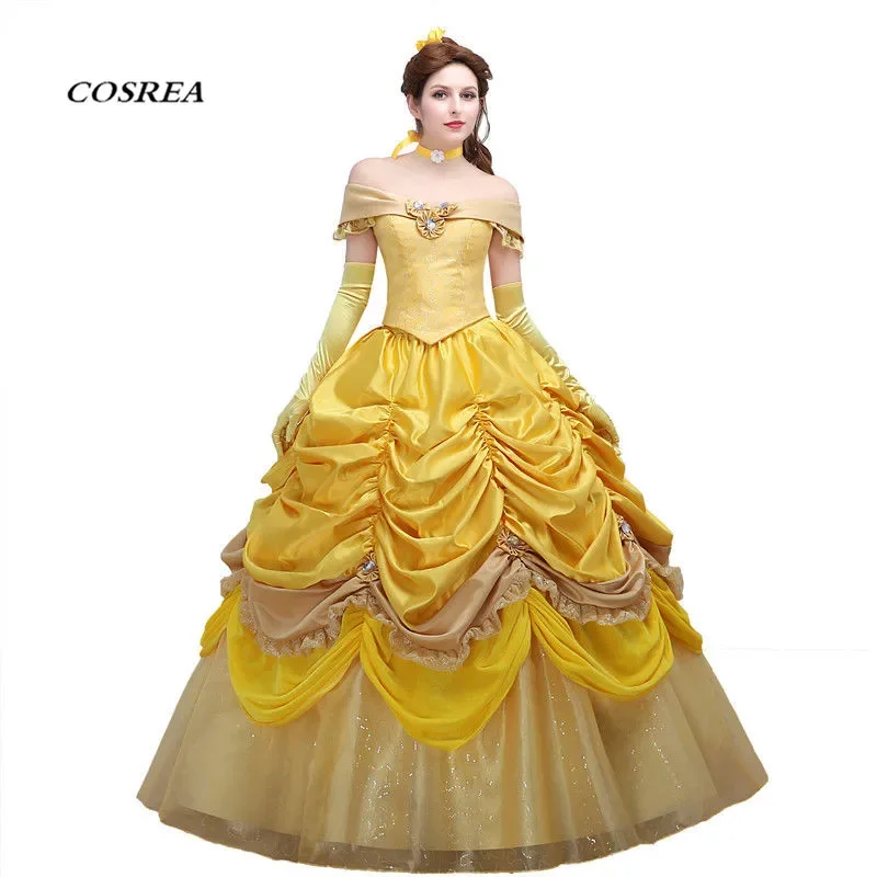 

COSREA Beauty and the Beast Princess Belle Cosplay Dress Long Yellow Dress for Women Custom Costume