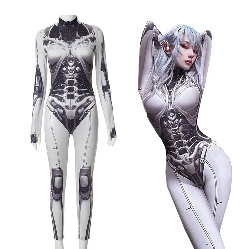 هالوين الهيكل العظمي روبوت تأثيري مثير زي المستقبل روبوت البدلة امرأة بذلة Zentai زي الأبيض ارتداءها يتوهم الزي الطرف #1