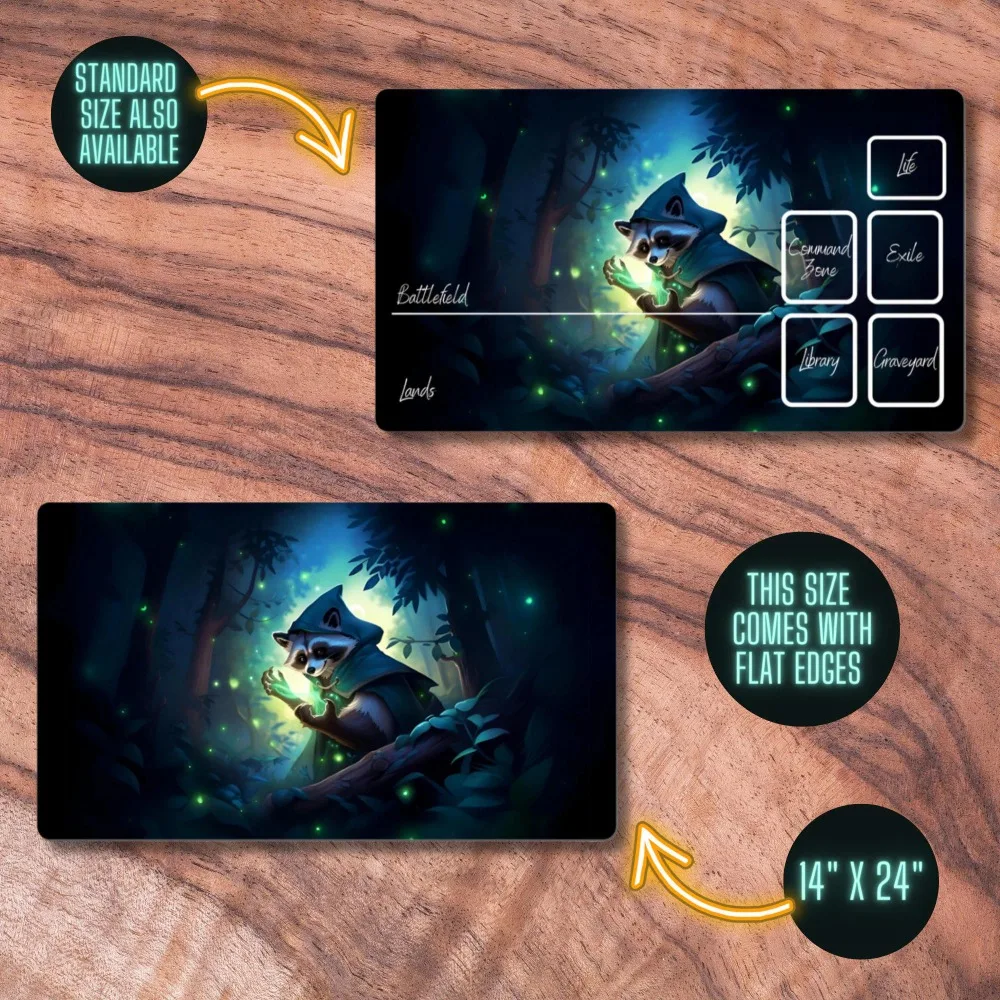 MTG Playmat with Zones or without Zones, Raccoon Wizard Themed CCG Playmat, Woodland Forest Themed TCG Playmat, Gifts for Gamers