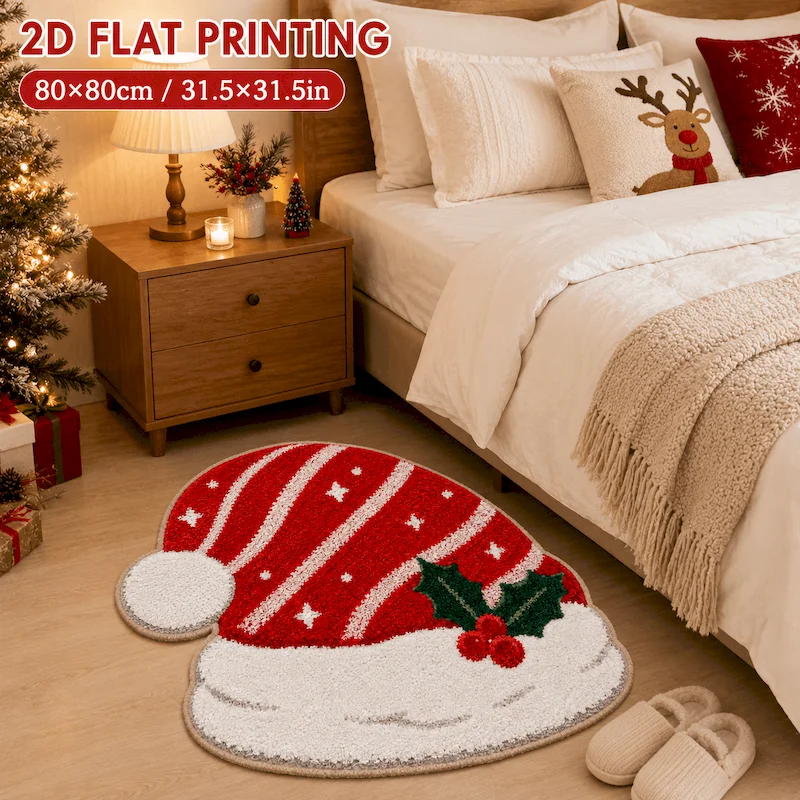 VIKAMA Christmas Hat With Red Stripes, Star Shaped Floor Mat, Irregular Anti Slip Soft Carpet, Circular, Home Decoration