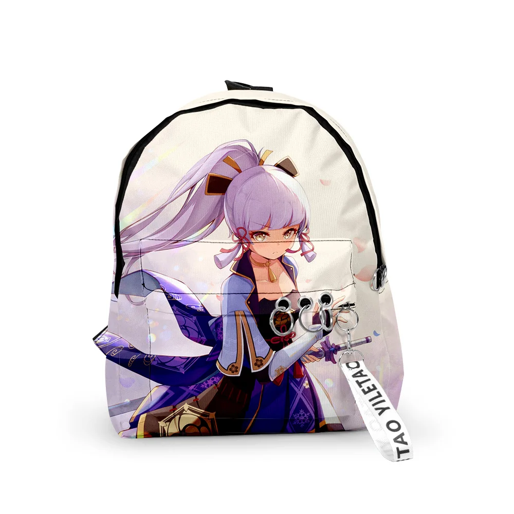 

Classic Genshin Impact Kamisato Ayaka Backpacks Boys/Girls pupil School Bags 3D Keychains Oxford Waterproof Cute Small Backpacks