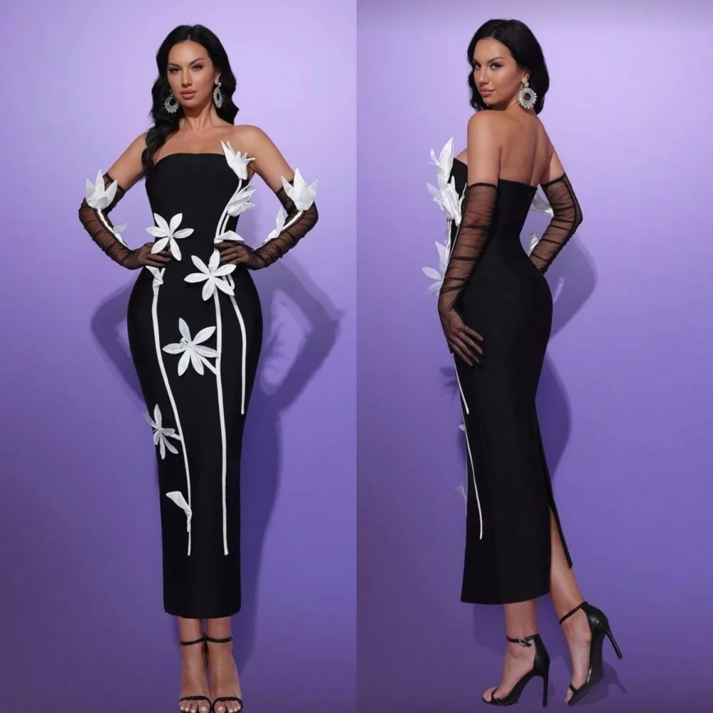 

Customized Jersey Flowers Pleat Strapless Sheath Midi Dresses Bespoke Occasion Elegant Party Wedding Formal Evening