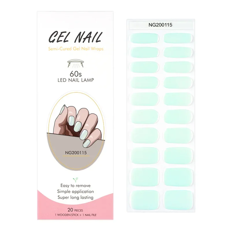 Adesivos de unhas em gel semi-carecas, cor sólida, pontas de unhas semi-carecas, cobertura completa, decalques, lâmpada LED UV, necessidade, 16, 20, 22 tiras