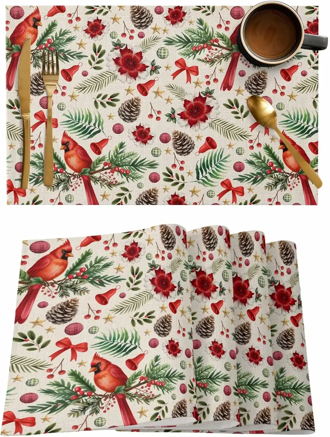 Christmas Cardinals Bird Pine Cone Placemats for Kitchen Decor Washable Winter Holiday Kitchen Placemats Navidad Decorations