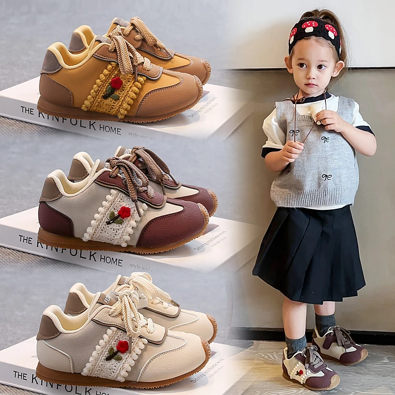 

2025 New Autumn Children Shoes Leather Breathable Kids Casual Shoes Lace Flower Non-slip Fashion Toddler Girls Sneakers