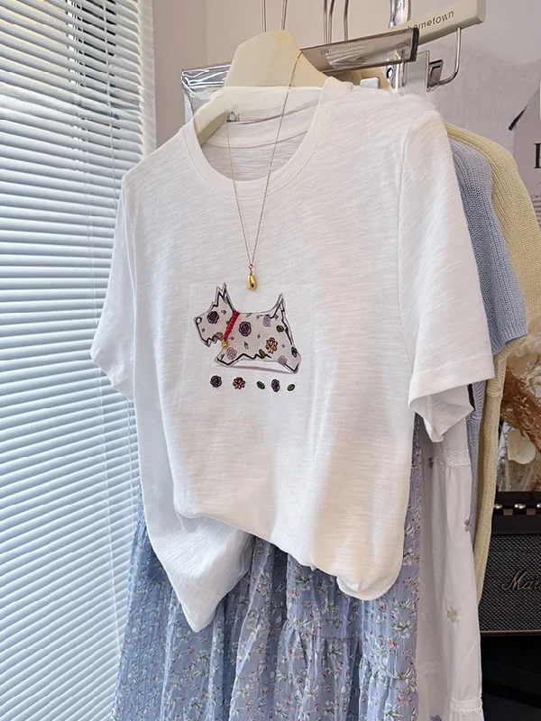 

plus Size Women's T-Shirt Cute Dog Print Embroidery Loose Fit Short Sleeve Breathable Cotton Summer Top Casual round Neck