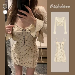 2000s Vintage Clothing 2 Piece Dress Sets Women Casual Y2k Crop Top Blouse + Floral Mini Dress Even Party Korean Fashion Suits