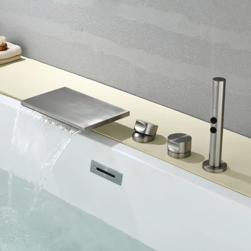 Minimal cylinder side copper waterfall bathtub faucet split hot and cold water shower large flow waterfall brushed nickel shower